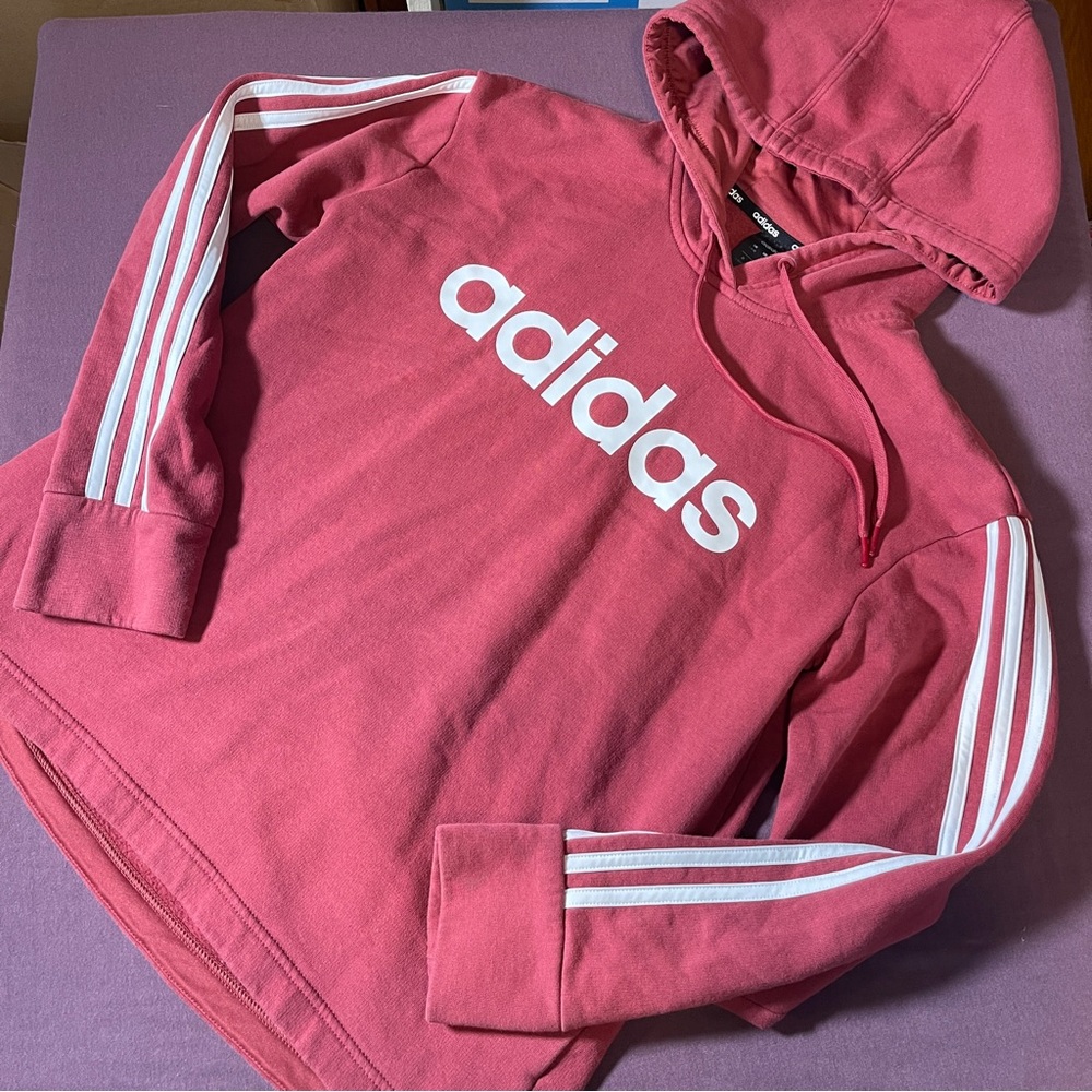 Adidas Pullover Long Sleeve Hoodie Sweatshirt in Red 3 Stripe Sleeve- Size Large